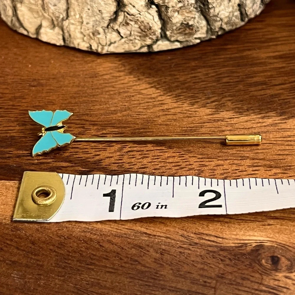 Vintage Blue Enamel Butterfly Stick Pin Gold Tone Lapel Scarf Pin